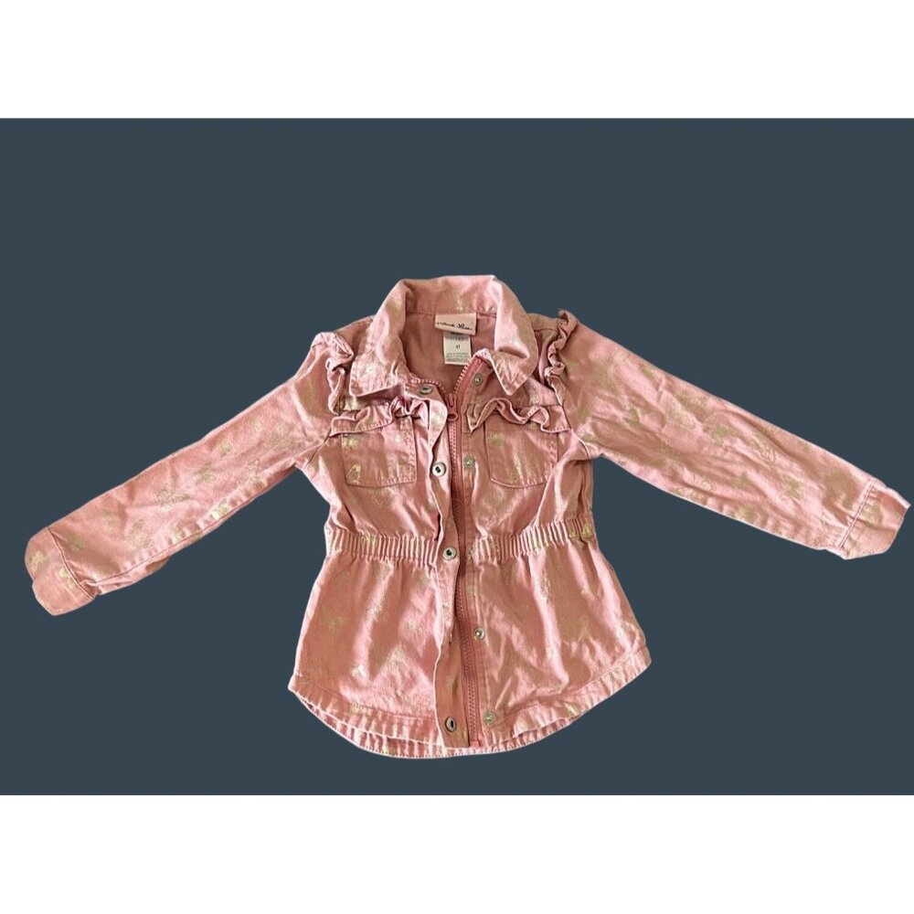 Little Lass Girls Pink Ruffled Long-Sleeve Jacket With Gold Butterfly Accents 4T